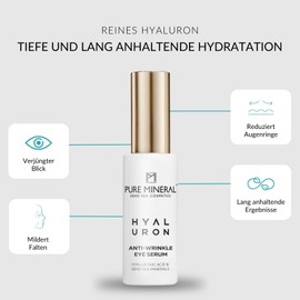 Pure Mineral Hyaluronic Anti-Wrinkle Eye Serum for All Skin Types, Reduces Wrinkles and Dark Circles, Intensive Moisture, No Silicones, Sulphates, Parabens, 30 ml