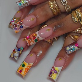 24 Pcs Press on Nails Long Square YEFIUO Green Nail Tips Acrylic Nail Kit French Fake Nails Press ons Stick on Nails Full Cover Reusable Artificial False Nails Fall Flower Dots Glue on Nails for Women