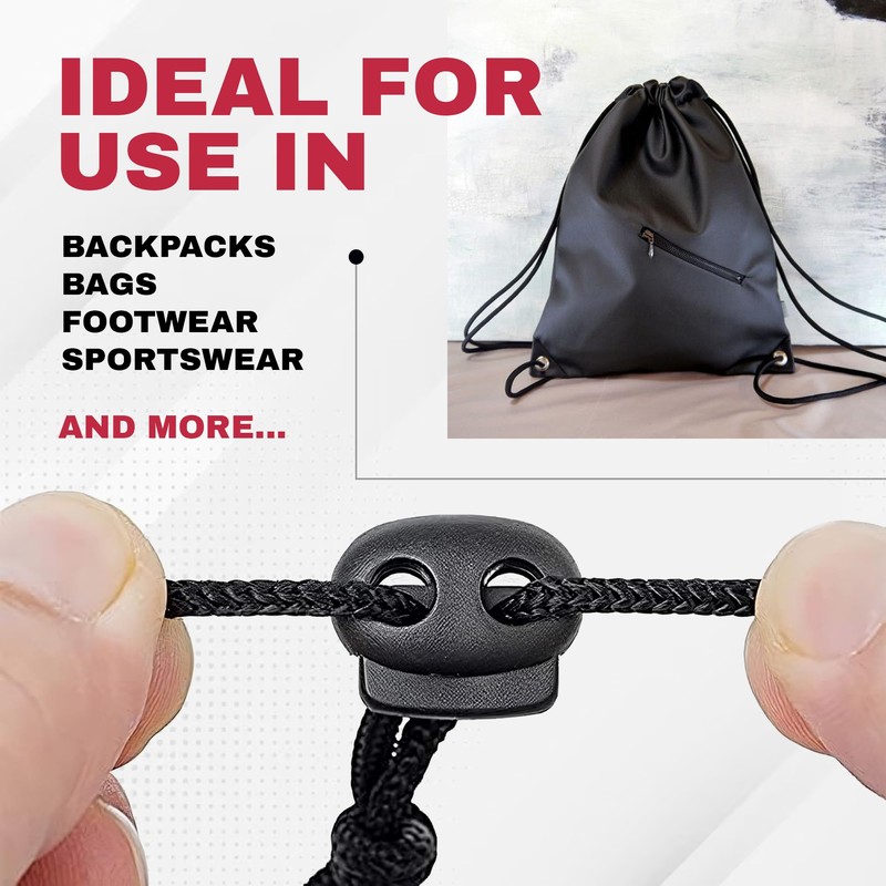 DOJA Barcelona Cord Locks, Black, 25 mm, Plastic Cord Closures,