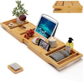 Bamboo Bathtub Caddy Tray Expandable for Luxury Bath, Bath Accessories & Table with Wine Glass Holder, Book Stand Bathroom Organizer with Extending Sides for Men/Women,Natural