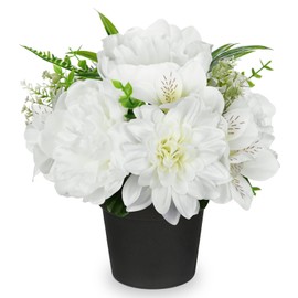 GnFlus White Artificial Flowers Small Fake Flowers in Vase Peonies Dahlia Tiger Lily Potted Silk Flower Arrangements Faux Plants & Flowers Home Bathroom Kitchen Table Centerpieces Desk Decor