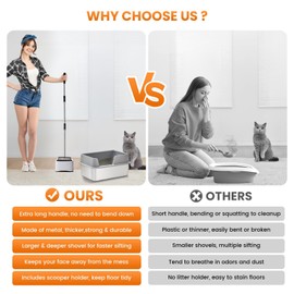 PETOCAT Metal Cat Litter Scoop with Holder, 43" Extendable Long Handle Cat Scooper for Litter Box, Solid & Durable, Deep Shovel for Fast Sifting, Large Pet Pooper Scooper for Kitty/Outside Dog Poop