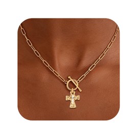 HMGADN Chunky Cross Necklace for Women Trendy Dainty 18K Gold Silver Plated Cross Pendant Necklace Layered Paperclip Chain Non Tarnish Jewelry Gifts for Women (Gold)
