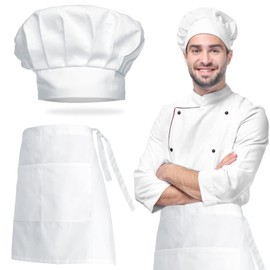 dafuhao Chef Hat Waist Apron Set, Elastic Adjustable Cooking Hat, Waiter Waitress Aprons for Men, Women, Kitchen, Home, Restaurant, Catering, Cooking Party