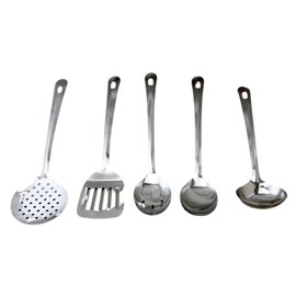 5-Piece Stainless Steel Kitchen Cooking Utensil Set - Includes Ladle, Skimmer, Slotted Turner, Spoon, & Slotted Spoon - Dishwasher Safe, Durable, Classic Design