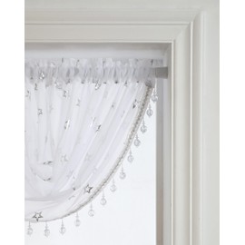1 x STAR Swag - Silver Star On Voile Sheer Drape Valance Beaded Trim Kids Swag Slot Top Header - WHITE