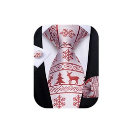 DiBanGu Mens Christmas Tie Silk Festive Ties and Pocket Square Cufflinks Set with Gift Box Xmas Holiday Vacation Neckties, White and Red Christmas Moose
