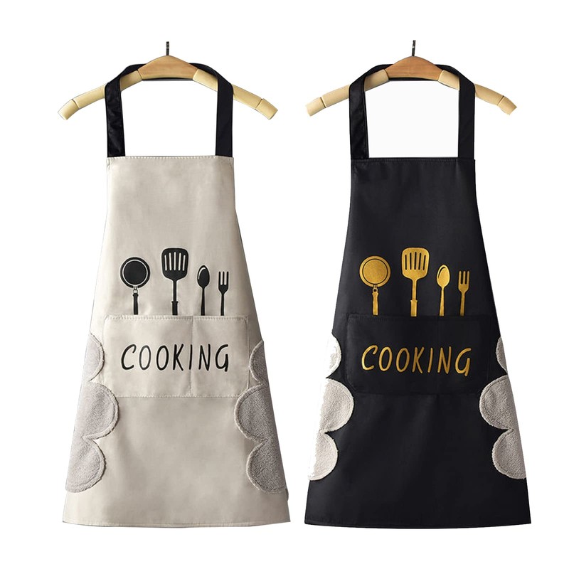 DILLMAN Women Kitchen Apron with Hand Wipe Pockets，Big Pocket,Hand-wiping, Waterproof