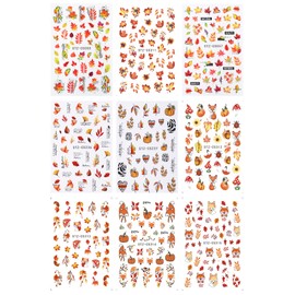 JMEOWIO 9 Sheets Fall Autumn Nail Art Stickers Decals Self-Adhesive Maple Leaf Pumpkin Thanksgiving Nail Supplies Nail Art Design Decoration Accessories