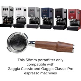 KNODOS 58mm Bottom Portafilter with Walnut Handle for Gaggia Classic, Pro, Evo Espresso Machines, 2 Ears, Double Shot Filter Basket Included