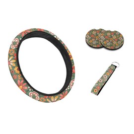 Drydeepin Daisy Flower Steering Wheel Covers with Car Cup Coasters 2 Pack and Keychain Sage Green Universal 14.5-15 Inches Steering Wheel Protector Hippie Aesthetic Car Accessories Set