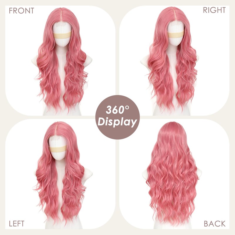 JSDshine Pink Wigs for Women Long Wavy Pink Wig with