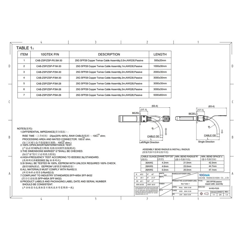 10Gtek 25G SFP28 SFP + DAC Cable 25GBASE-CR SFP28 to