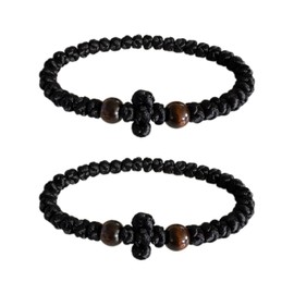 Orthodox Prayer Rope Bracelet, 2-Pack Black Chotki Komboskini, Christian Prayer Beads with Cross (Black)