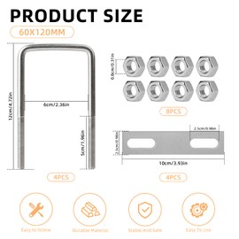 4 x U Shackle 60 mm x 120 mm Stainless Steel M8 U Bolts with Thread with 4 Counter Plates, U-Screws Shackle Bolts Shackle Clamp Washer for Fence Attachment, Pipe Diameter Fastening, Car Towing