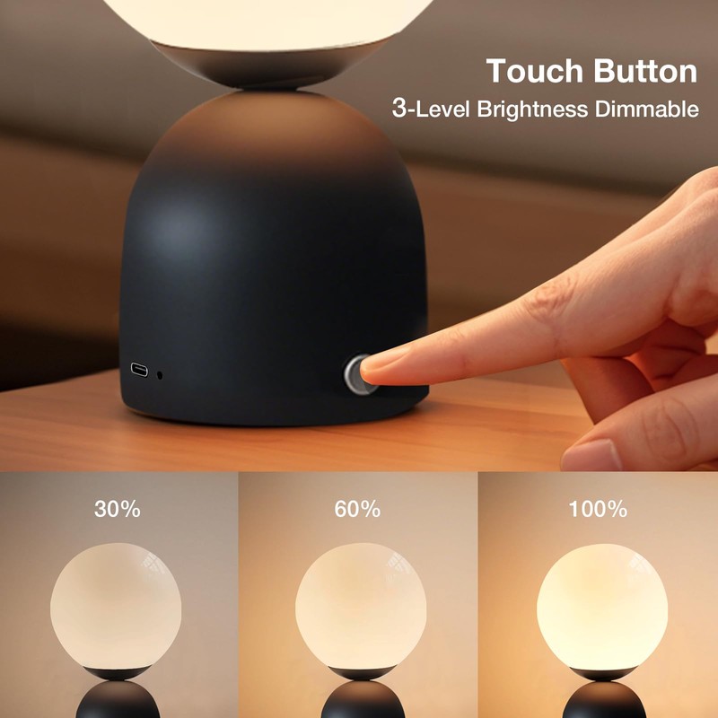 Folux Cordless Globe Glass Table lamp Black, 5200-mAh Rechargeable Orb