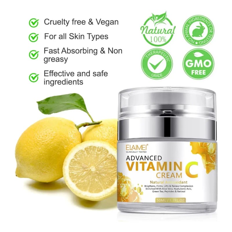 Crema Facial Vitamina C + Ácido Hialuróncio + Aloe Anti-edad