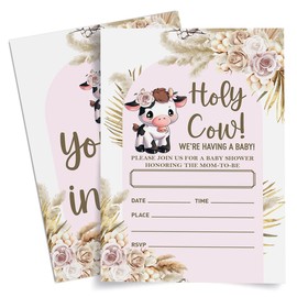 Weifuju Holy Cow Baby Shower Invitations for Girl, Girl Pink Cow Baby Shower Invitations Boho Baby Shower Party Invites Card, 20 Invites with Envelopes (4"x6")