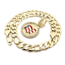Icemond Men's Gold Tone Puerto Rico Flag Medallion Pendant 12mm 20" Figaro Chain Necklace (Gold - Puerto Rico 20" Figaro Chain)