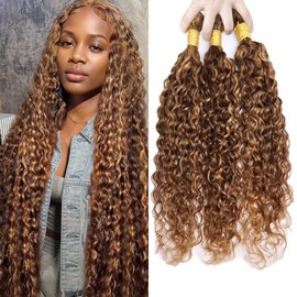 Dokksiiia 30 32 34 Inch P4/27 2-Tone Curly Wave Bundles Human Hair - Dark Brown & Honey Blonde Ombre Bundles Highlights Curly Weave Brazilian Human Hair Extensions Natural Look