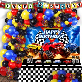 Monster Truck Birthday Party Decorations, Red Yellow Blue Black Balloons Arch Kit, Happy Birthday Banner, Tablecloth, Backdrop, Monster Truck Decorations for Boys