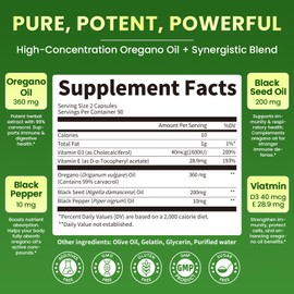 Organic Oregano Oil Capsules with Black Seed Oil, Ultra-Concentrated 99% Carvacrol, 5-in-1 with Vitamin D3 E Black Pepper, Immune, Respiratory, Digestive & Antioxidant*, 180 Softgels, Easy to Swallow