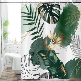 Hnmdmyi Shower Curtain Boho 180 x 200 cm, Abstract Green Tropical Leaves Bath Curtain Mid Century Modern Geometric Minimalist Aesthetic Art Waterproof Polyester Fabric Washable Bath Curtain