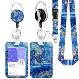 Lanyards for Id Badges,Blue Gold Marble Id Badge Holder Heavy Duty and Retractable Keychain,Abstract Badge Reel with Carabiner Clip,Women Student Doctor Office Gifts