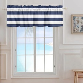 Navy Blue White Striped Valances Curtain for Kitchen Cafe, Nautical Modern Stripe Window Valance Short Curtains 42"x 12" Rod Pocket Windows Drape for Bathroom Living Room Bedroom Geometric Color Art