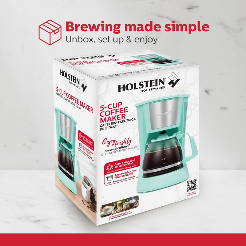 Holstein Housewares HH-0914701I 5-Cup Coffee Maker, Mint, 9.8x10x5.7