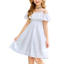 Arshiner Girls Summer Floral Ruffle Sundress Cold Shoulder Casual Holiday Dresses White