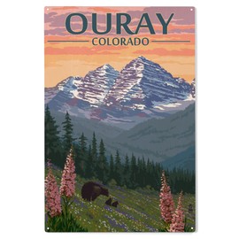 Lantern Press 10x15 Inch Wood Sign, Ready to Hang Wall Decor, Ouray, Colorado, Bear and Spring Flowers