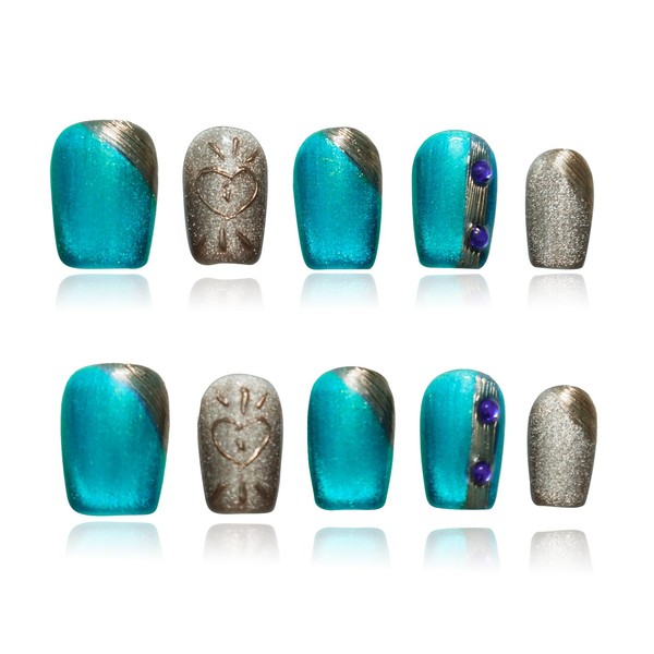 Tesytto Luxury Blue Cat Eye Press on Nails, Handmade 3D