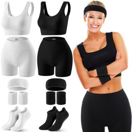 Shyyween 10 Pcs Workout Set for Women Yoga Gym Outfit Include Seamless Ribbed High Waist Short Bra Socks Wristband Headband(S)
