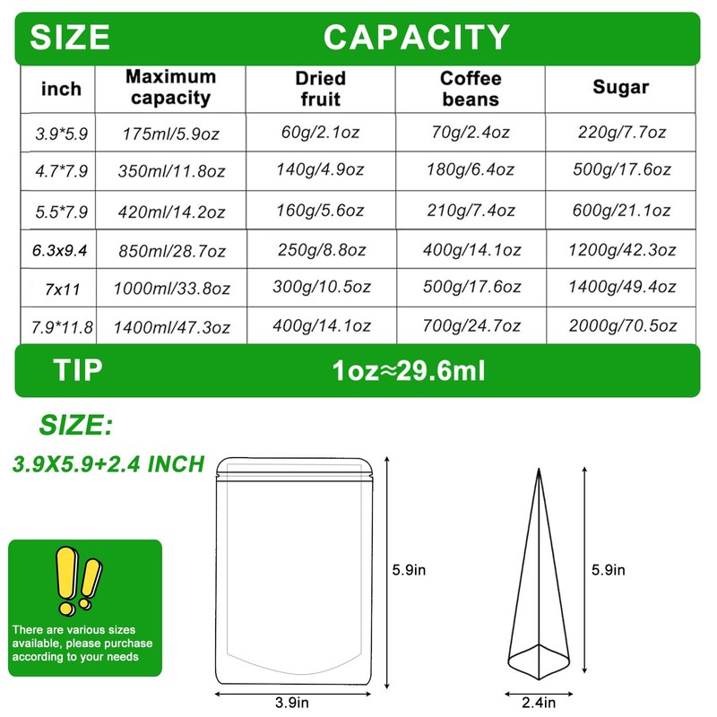 SixWeKit Green Smell Proof Mylar Bags 100 Pack, Stand Up