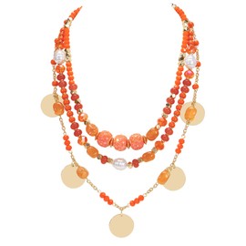 BERYOHZ Royal Multi-Layer Glass Pendant Bib Necklace Summer Boho Choker Gift for Women(BN-0075-Orange)