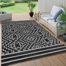 SAND MINE Reversible Mats, Plastic Straw Rug, Modern Area Rug, Large Floor Mat and Rug for Outdoors, RV, Patio, Backyard, Deck, Picnic, Beach, Trailer, Camping (9' x 12', Black & Grey)