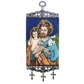 Needzo Saint St Joseph Tapestry Icon Banner 9 3/4 Inch - with 3 Metal Hanging Crosses Wall Hanging Room Decor