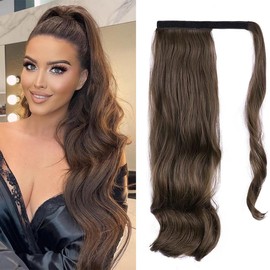 Wrap Around Ponytail Extension, Long Wavy Curly Pony tail Hair Extensions for Women Synthetic Fluffy Hairpiece for Daily Use Party (8/30 Caramel Brown, 22inch wavy)