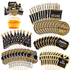 60 piezas de decoraciones para magdalenas de jubilación, oro jubilado para tartas, decoración de jubilación, decoración para tartas de jubilación, decoración de pasteles de feliz cumpleaños para fiesta de jubilación, suministros de fiesta