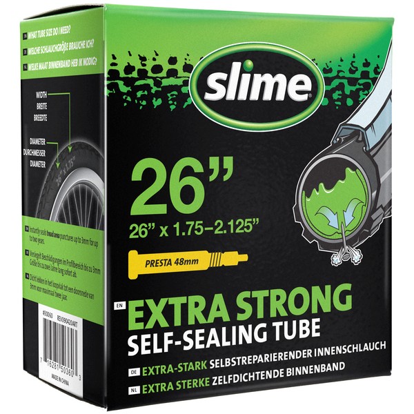 Slime 30060 Bike Inner Tube with Slime Puncture Sealant, Self Sealing, Prevent and Repair, Presta Valve, 47/57 -559mm (26"x1.75-2.125")