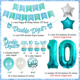 10th Birthday Decorations for Girls Teal, Double Digits Party Supplies Turquoise Banner Cake & Cupcake Toppers Number 10 Helium Balloon Star Foil Balloon for 10 Year Old Girl Party Decorations
