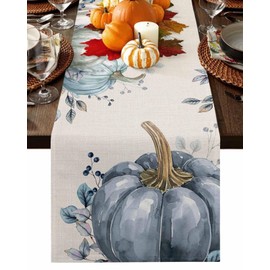 Fall Pumpkin Table Runner Dresser Scarf 13 x 108 Inch White Blue Leaves Rustic Table Runners Non-Slip Heat Resistant Kitchen Dining Table Decor for Autumn Thanksgiving Holidays Indoor Outdoor