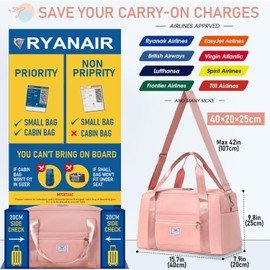 FIORETTO for Ryanair Airlines Cabin Bags 40x20x25 Underseat Travel Hand Luggage Carry on Bag Weekend Overnight Duffle Holdall Bag for Women and Men Pink