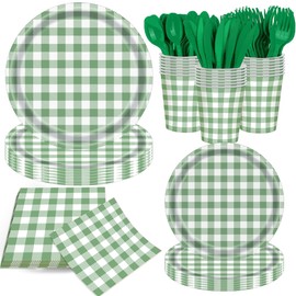 140Pcs Gingham Party Supplies for 20 Guests Thick Paper Plates and Napkins Knives Spoons Forks Cups Disposable Party Set Cutlery for Dinner Baby Shower Wedding Favor (Blackish Green)