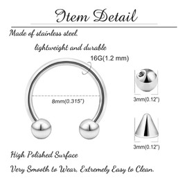 Besyvvin 16G Horseshoe Nose Ring Lip Piercing Helix Ring 1.2 mm Piercing Nose Septum Lip Eyebrow Silver Black Gold 6/8/10/12/14 mm, Stainless Steel