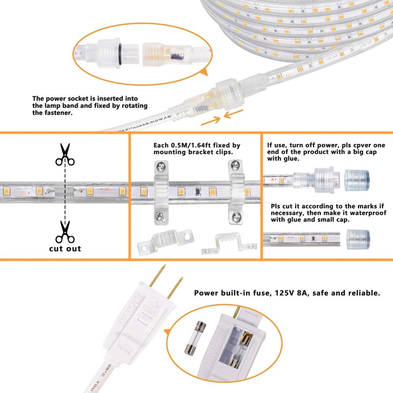 SURNIE LED Rope Lights Outdoor Waterproof Warm White, SURNIE 50ft