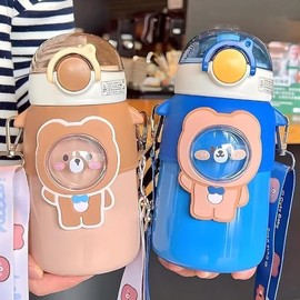 Cute Stainless Steel Water Bottle with Straw and Strap, Kawaii Insulated Bear Water Bottles Leak-Proof Stainless Steel Vacuum BPA Free Reusable Cup for Sports Girls (Brown)