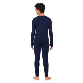 Cuddl Duds Boys Fleece-Lined Thermal Underwear 2-Piece Set - Kids Long Sleeve Top and Leggings Long Johns - UV Protection 50+ Peacoat Navy - Small