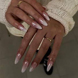 Ombre Almond Press on Nails Medium Chrome Fake Nails Nude Acrylic Nails Glossy Mirror False Nails Gradation Glue on Nails Nature Stick on Nails for Women Nails Decoration 24Pcs